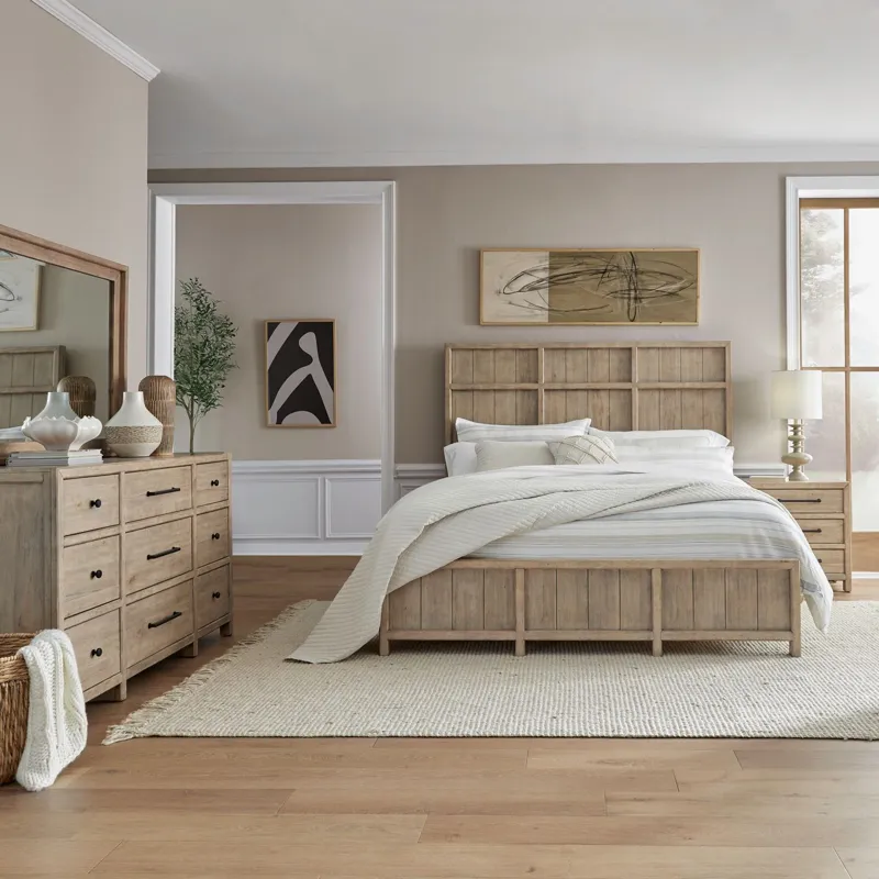 Proximity Place King California Panel Bed, Dresser & Mirror, Night Stand