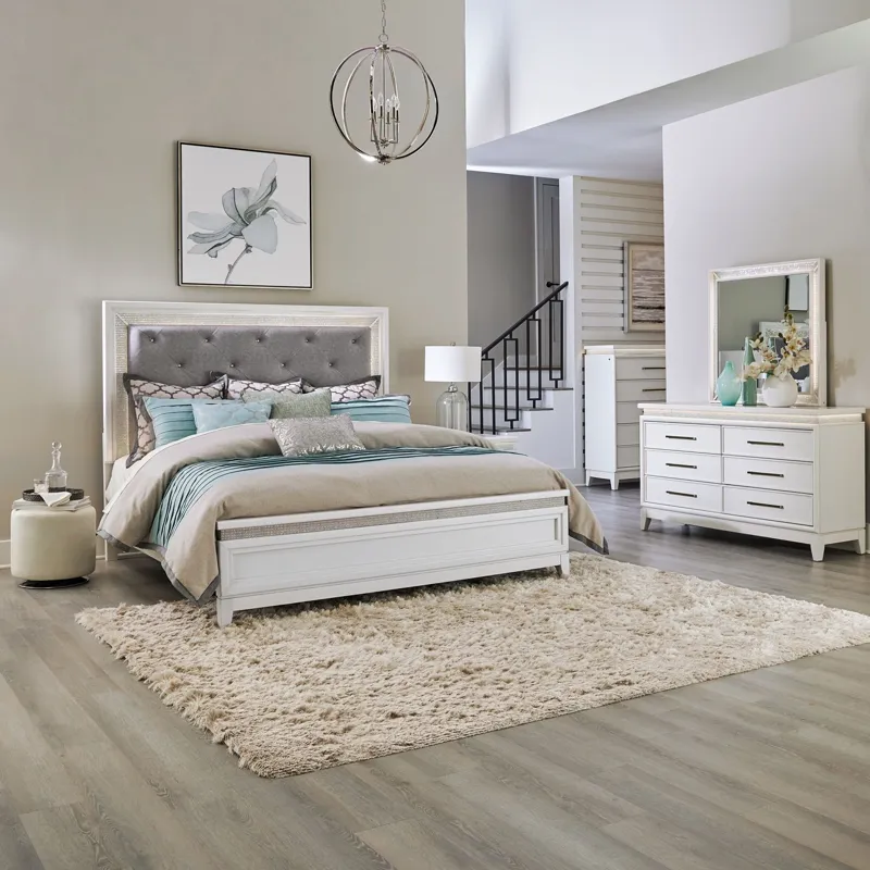 Reflections King California Uph Bed, Dresser & Mirror, Chest