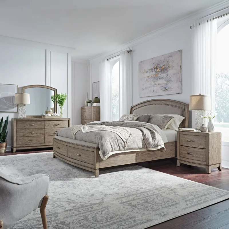 Avalon King California Uph Storage Bed, Dresser & Mirror, Chest, Night Stand