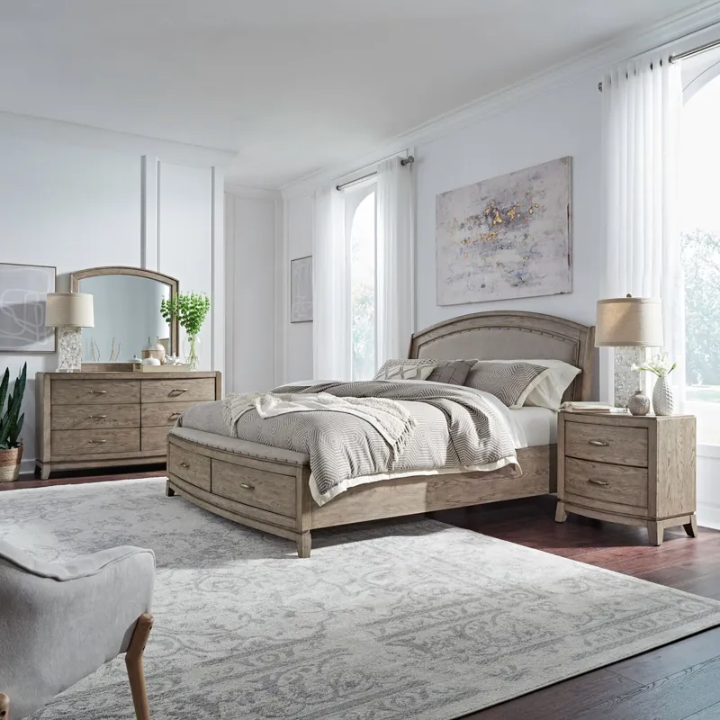 Avalon King California Uph Storage Bed, Dresser & Mirror, Night Stand