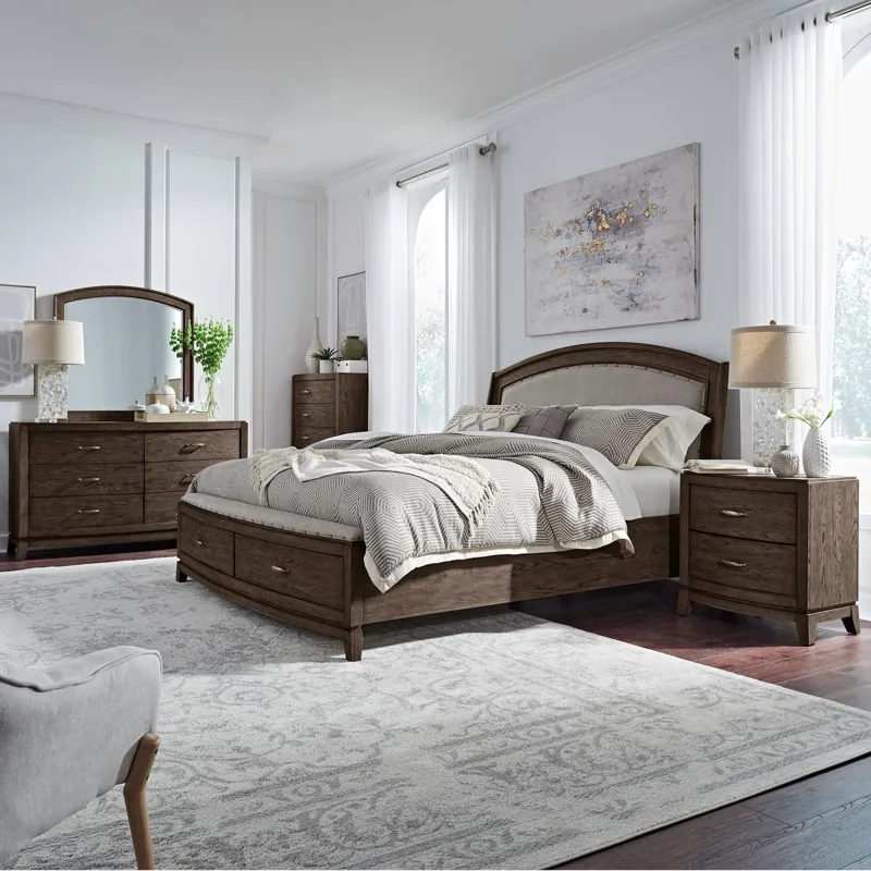 Avalon King Uph Storage Bed, Dresser & Mirror, Chest