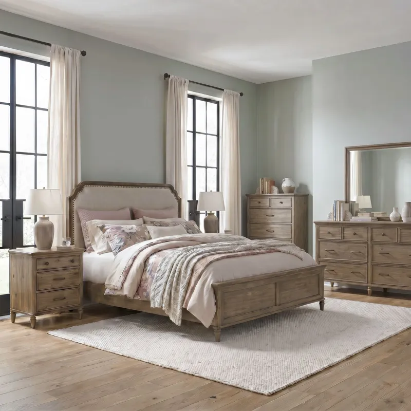 Hickory Grove King California Uph Bed, Dresser & Mirror, Chest, Night Stand