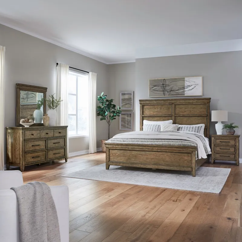 Carolina Park King Panel Bed, Dresser & Mirror, Chest, Night Stand