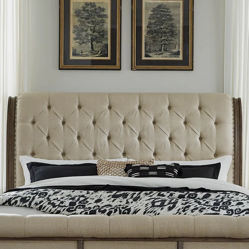 Americana Farmhouse Queen Sleigh Bed, Dresser & Mirror, Nightstand