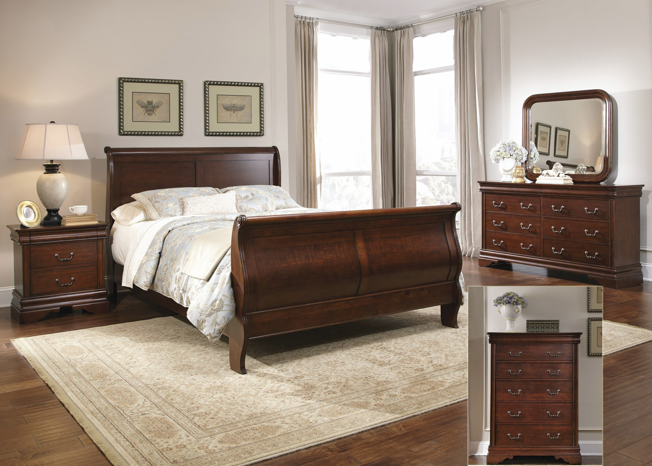 Carriage Court Queen Sleigh Bed, Dresser & Mirror, Chest 709BRQSLDMC