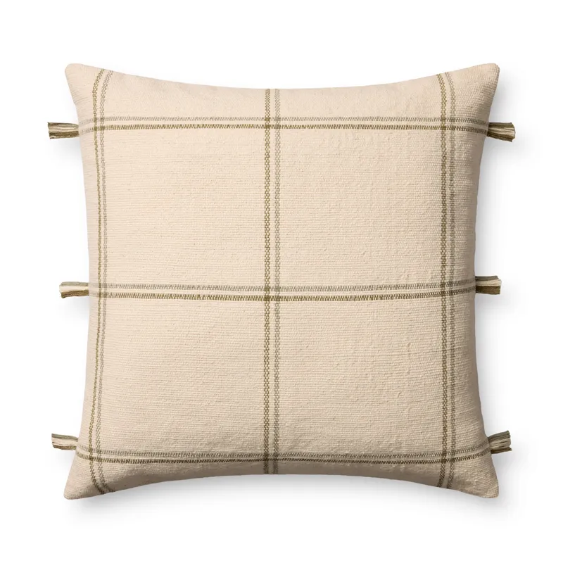 Amber Lewis x Loloi Lainey Natural / Olive 24\'\' x 24\'\' Cover w/Down Pillow