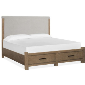 Plum Creek - LT. Brown Complete King Panel Storage Bed w/Upholstered Headboard