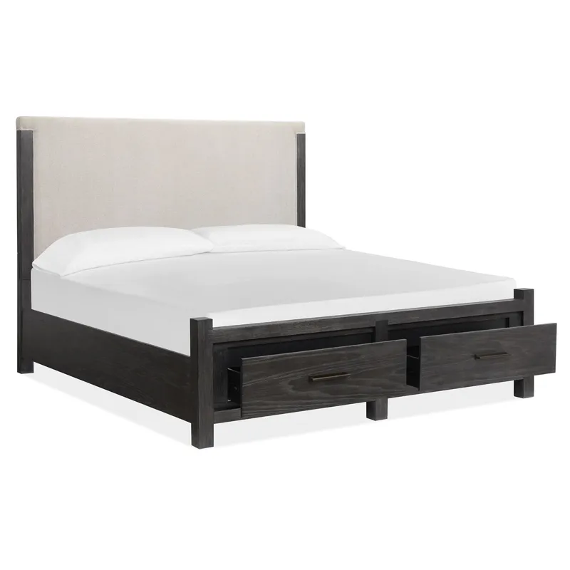 Plum Creek - Black Complete King Panel Storage Bed w/Upholstered Headboard