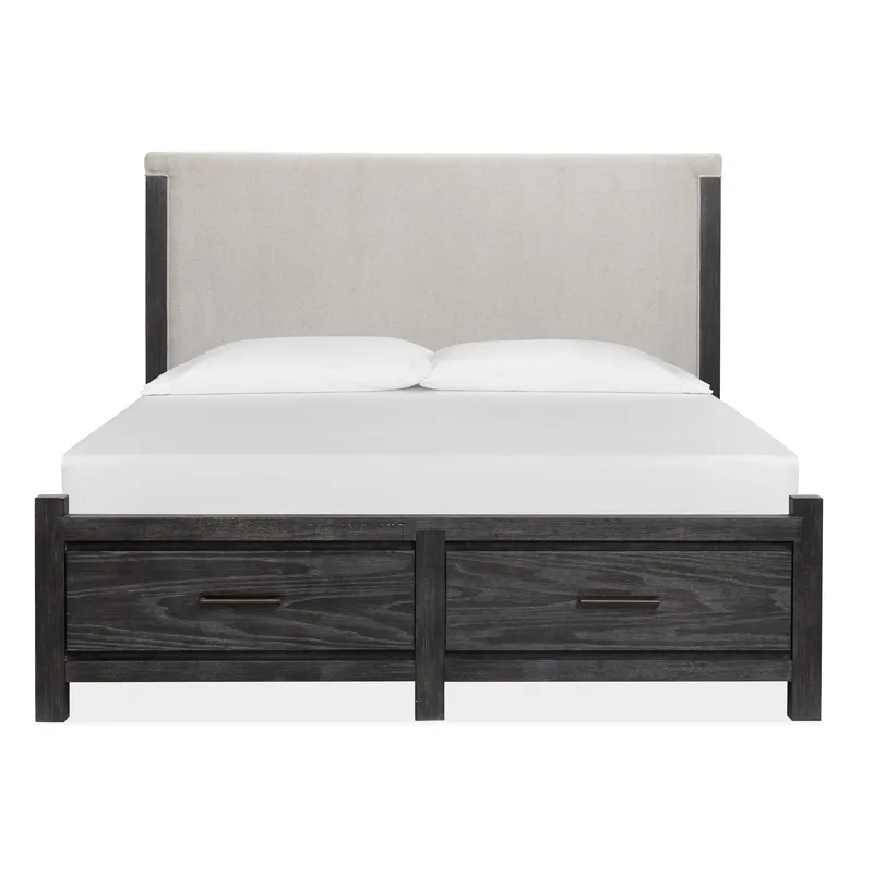 Plum Creek - Black Complete King Panel Storage Bed w/Upholstered Headboard