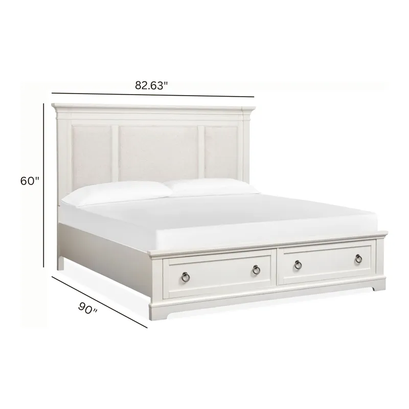 Kingston Whisper White And Cerused Nutmeg California King Upholstered Panel Storage Bed