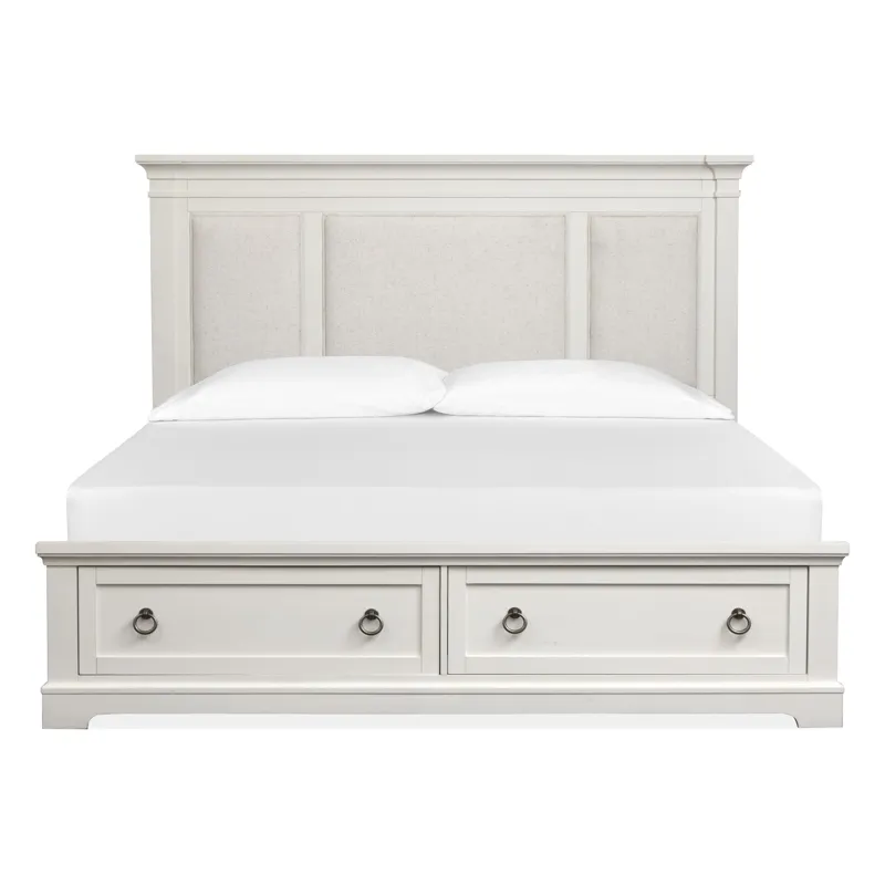Kingston Whisper White And Cerused Nutmeg California King Upholstered Panel Storage Bed