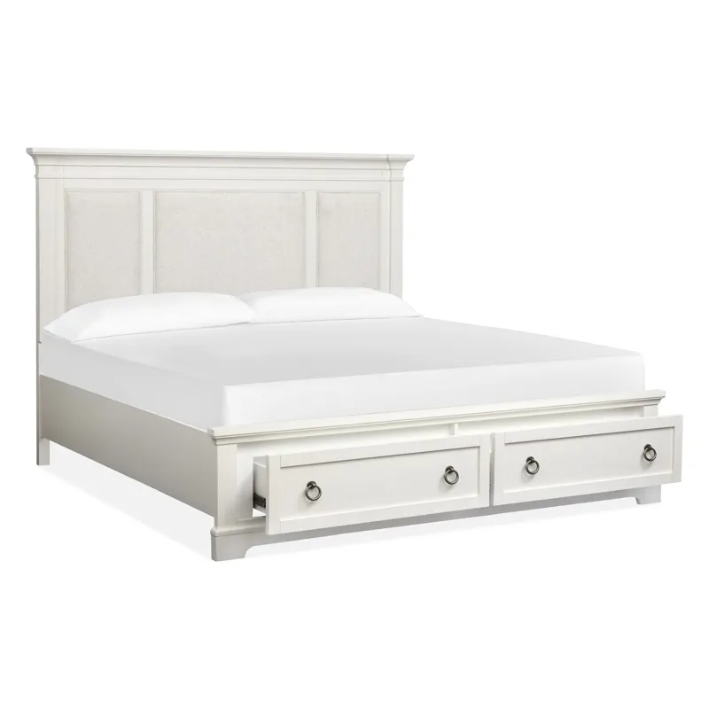 Kingston Whisper White And Cerused Nutmeg California King Upholstered Panel Storage Bed