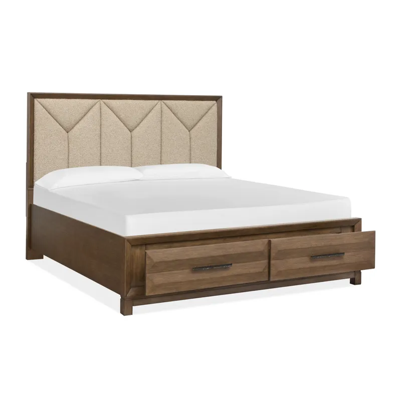 Callisto Bourbon Brown Queen Upholstered Panel Storage Bed