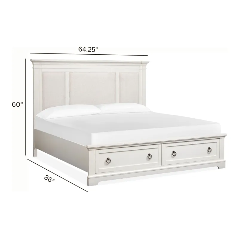 Kingston Whisper White And Cerused Nutmeg Queen Upholstered Panel Storage Bed