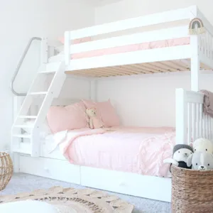 Classic Twin over Full Bunk Bed w/Ladder on Front - Classic White Slats