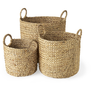 Sivan Light Brown Water Hyacinth Round Basket w/Handles - Set of 3
