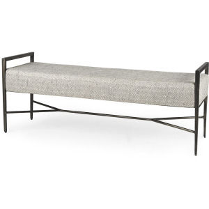 Charlotte Gray Herringbone Fabric Seat w/Antique Nickel Metal Frame Bench