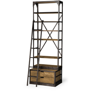 Brodie I Medium Brown Wood Black Accent Four Shelf Shelving Unit