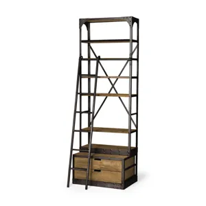 Brodie I Medium Brown Wood Black Accent Four Shelf Shelving Unit