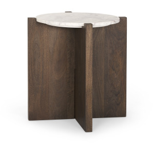 Bianca Dark Brown Wood w/ Marble Round Accent Table