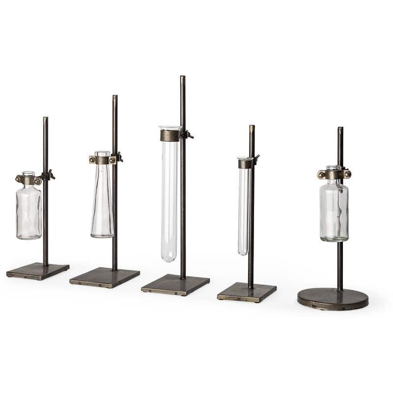 Jarvis Set of Five Dark Brown Metal and Glass Chemistry Inspired Bottles - Thumbnail 4