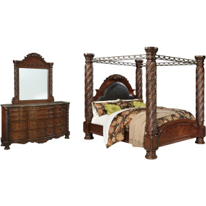 North Shore California King Poster Bed with Mirrored Dresser