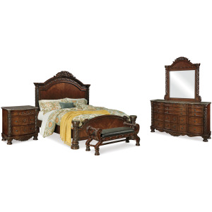 North Shore King Panel Bed, Dresser, Mirror, Nightstand and Bench