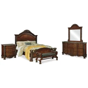 North Shore King Panel Bed, Dresser, Mirror, Nightstand and Bench