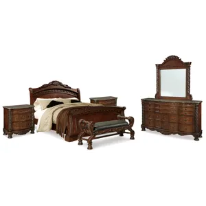 North Shore Queen Sleigh Bed, Dresser, Mirror, 2 Nightstands and Bench