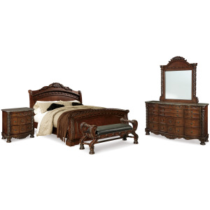 North Shore Queen Sleigh Bed, Dresser, Mirror, Nightstand and Bench