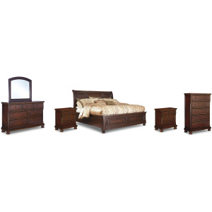 Porter Queen Sleigh Storage Bed, Dresser, Mirror, Chest, and 2 Nightstands