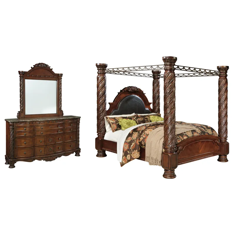 North Shore California King Poster Bed with Mirrored Dresser