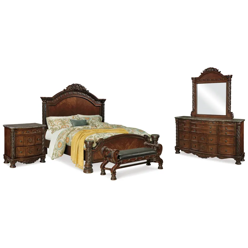 North Shore King Panel Bed, Dresser, Mirror, Nightstand and Bench