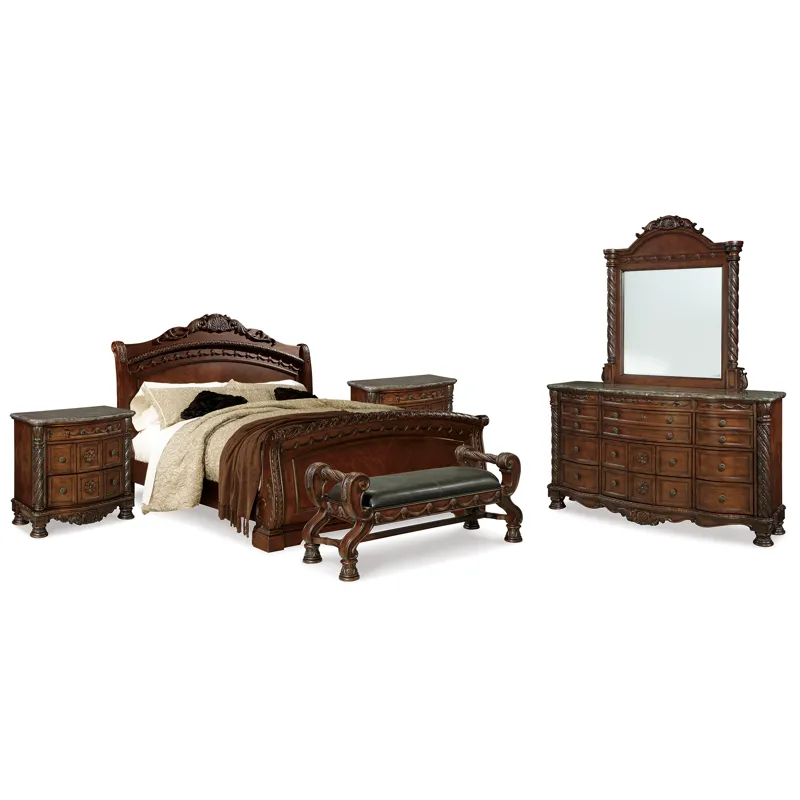 North Shore Queen Sleigh Bed, Dresser, Mirror, 2 Nightstands and Bench