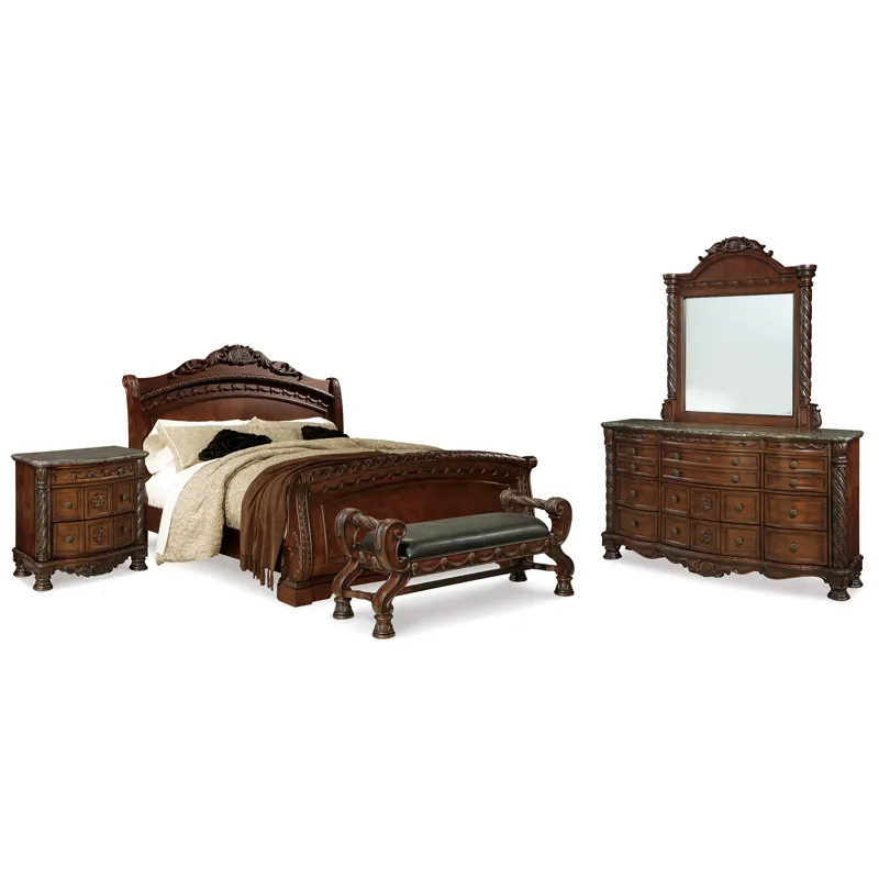 North Shore Queen Sleigh Bed, Dresser, Mirror, Nightstand and Bench