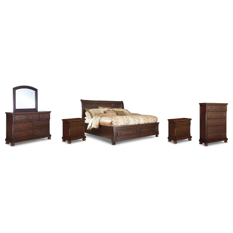 Porter Queen Sleigh Storage Bed, Dresser, Mirror, Chest, and 2 Nightstands