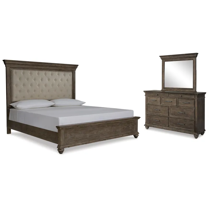 Johnelle Queen Upholstered Bed, Dresser and Mirror