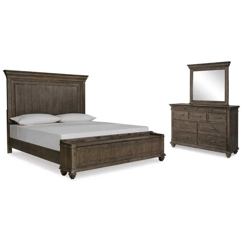 Johnelle California King Panel Bed with Storage, Dresser and Mirror