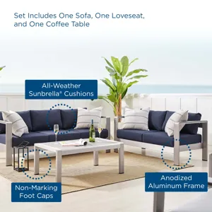 Shore Sunbrella Fabric Outdoor Patio Aluminum 3 Piece Set