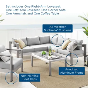 Shore Sunbrella Fabric Outdoor Patio Aluminum 5 Piece Sectional Sofa Set