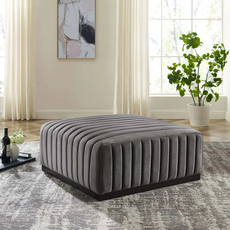 Conjure Channel Tufted Performance Velvet Ottoman - Gray