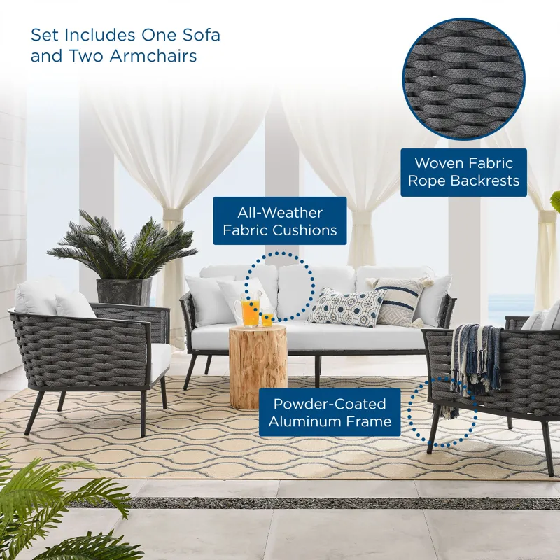 Stance 3 Piece Outdoor Patio Aluminum Sectional Sofa Set