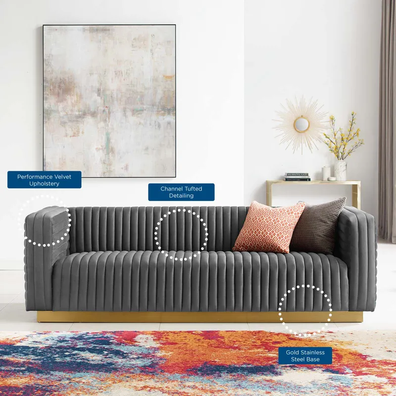 Charisma Channel Tufted Performance Velvet Living Room Sofa