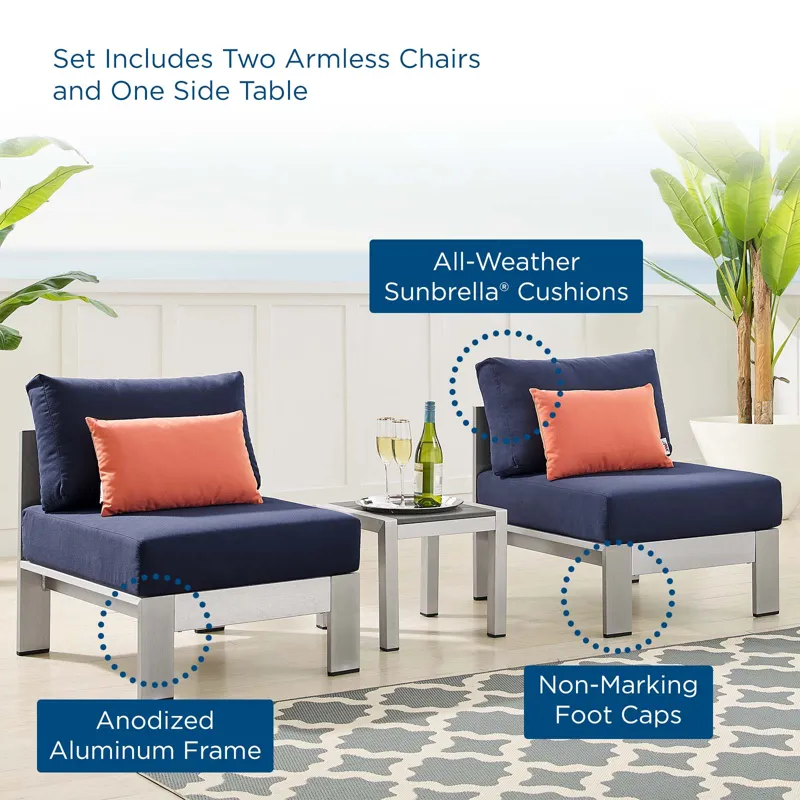 Shore Sunbrella Fabric Outdoor Patio Aluminum 3 Piece Set