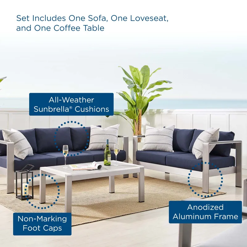 Shore Sunbrella Fabric Outdoor Patio Aluminum 3 Piece Set
