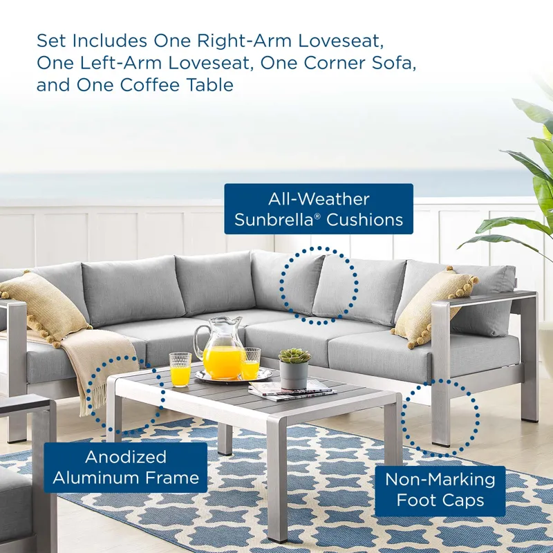 Shore Sunbrella Fabric Outdoor Patio Aluminum 4 Piece Sectional Sofa Set