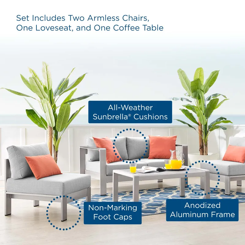 Shore Sunbrella Fabric Outdoor Patio Aluminum 4 Piece Set