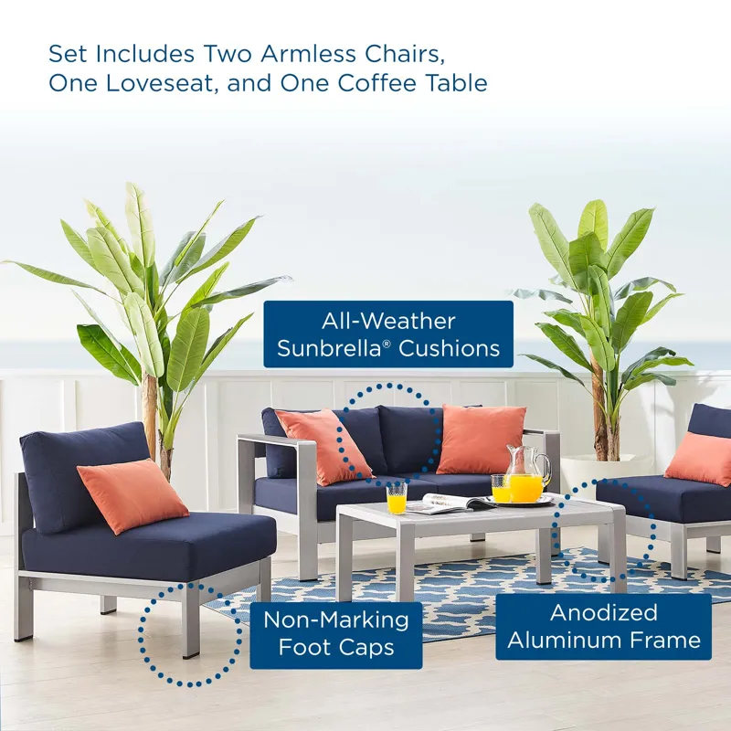Shore Sunbrella Fabric Outdoor Patio Aluminum 4 Piece Set