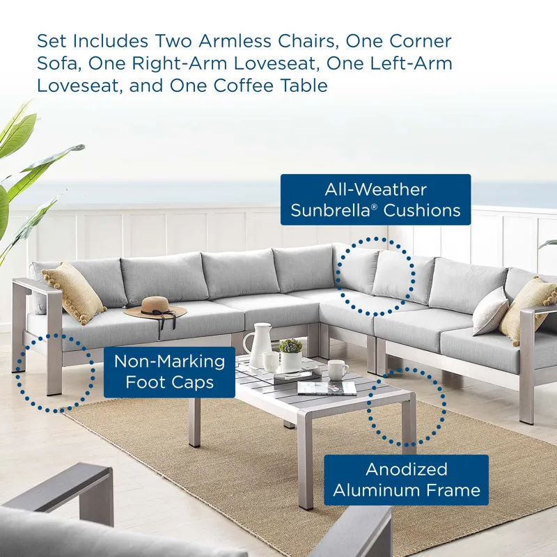 Shore Sunbrella Fabric Outdoor Patio Aluminum 6 Piece Sectional Sofa Set