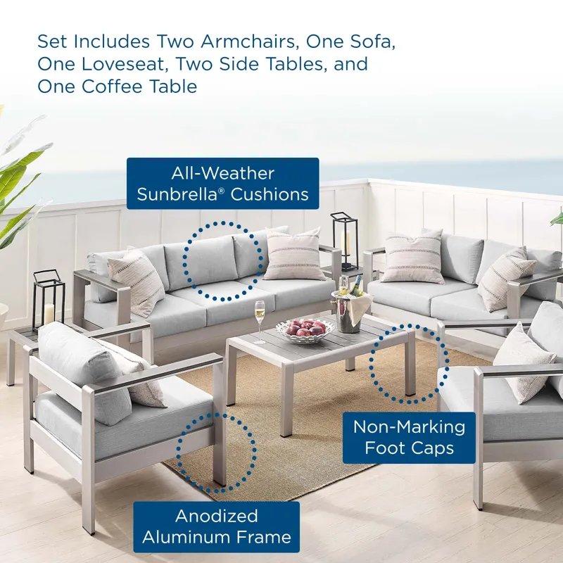 Shore Sunbrella Fabric Outdoor Patio Aluminum 7 Piece Set